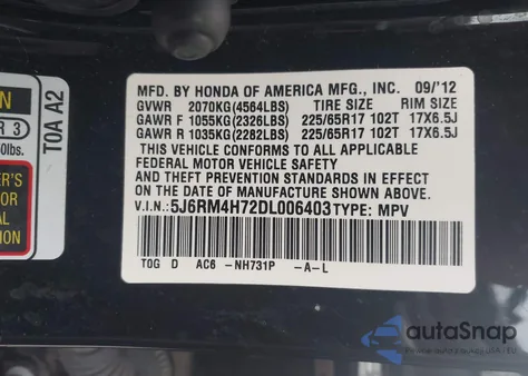 2013 Honda Cr-V Ex-L from USA, damaged, VIN 5J6RM4H72DL006403